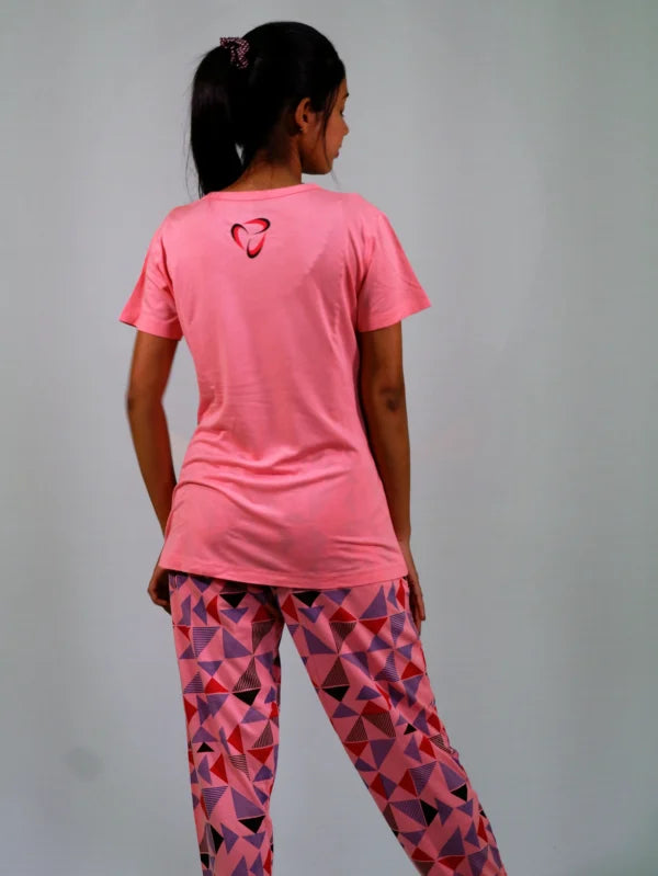 Stay Positive T-shirt & Pant Night Dress in Salmon Rose | Playout | earthbased.in | 04