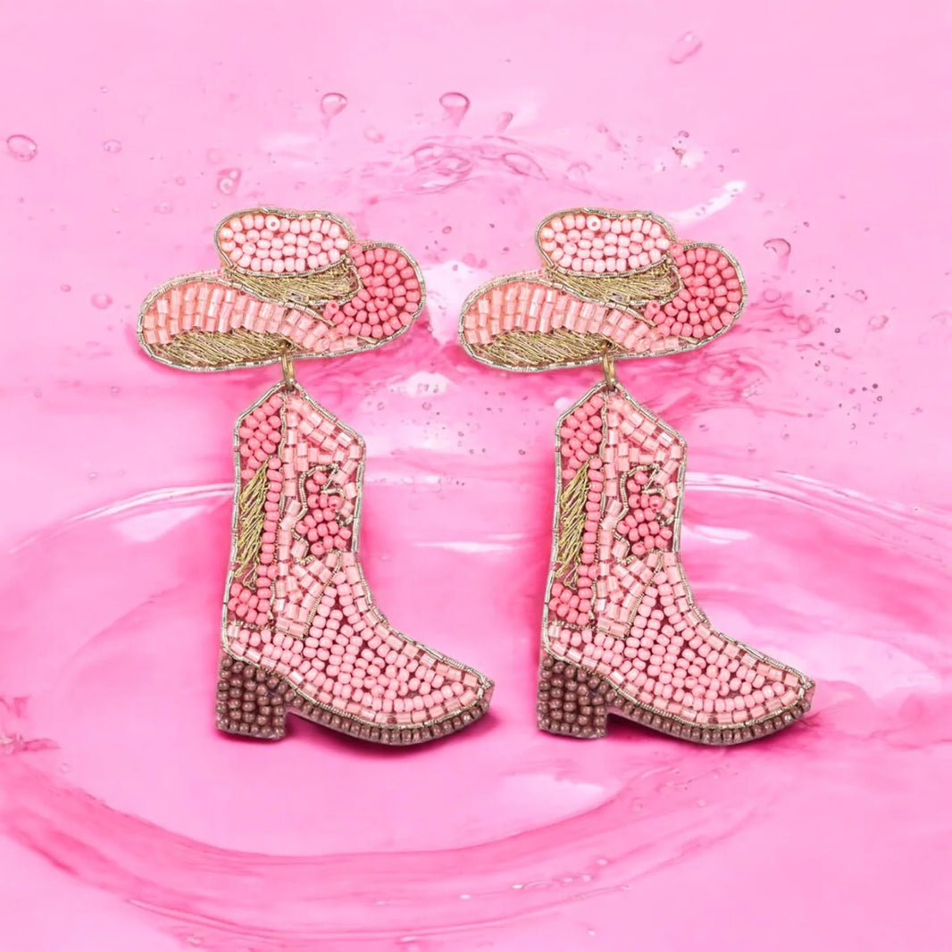 Pink Beaded Cowboy Boot and Hat Statement Earrings