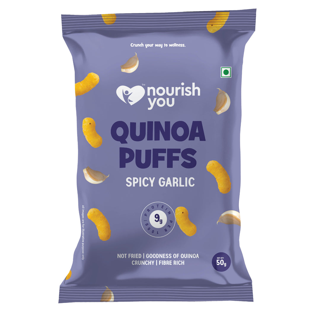 Nourish You Quinoa Puffs, Spicy Garlic flavour 50g - Healthy Baked Snacks.