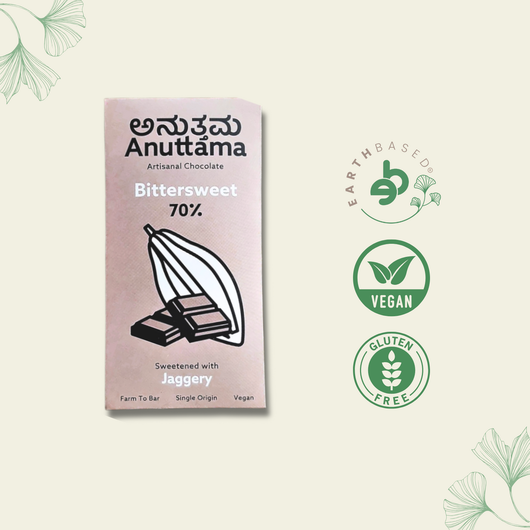 Dark Chocolate Bar | 70% Cocoa | Natural Jaggery Sweetened | Handmade Chocolate | Dark Chocolate Sugar Free | Vegan Chocolate | Natural Chocolate Bar | by Anuttama