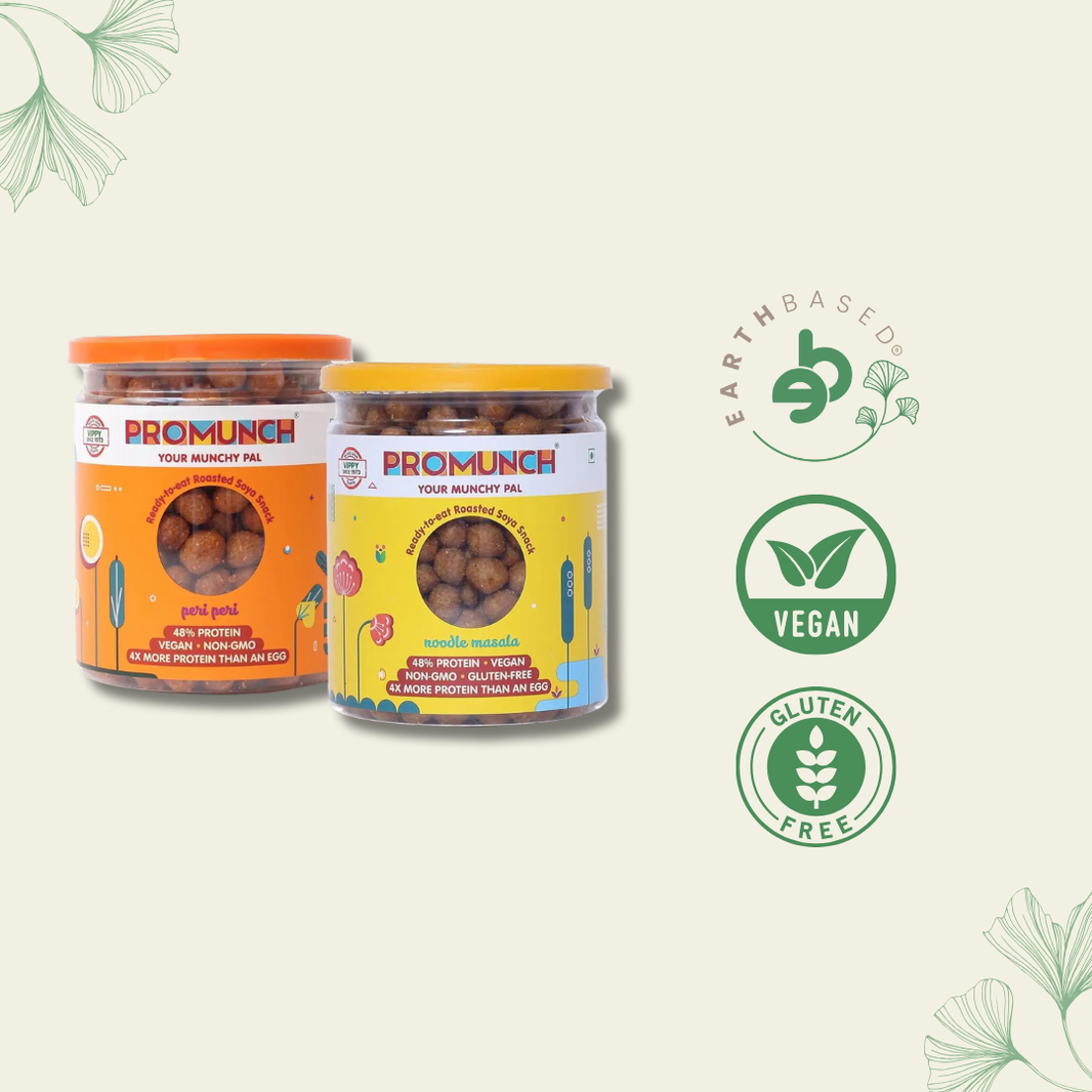 PROMUNCH SOYA Snack |Vegan|Gluten-Free | Pack of 2 Flavour: Peri-Peri and Noodle Masala - 150G Each