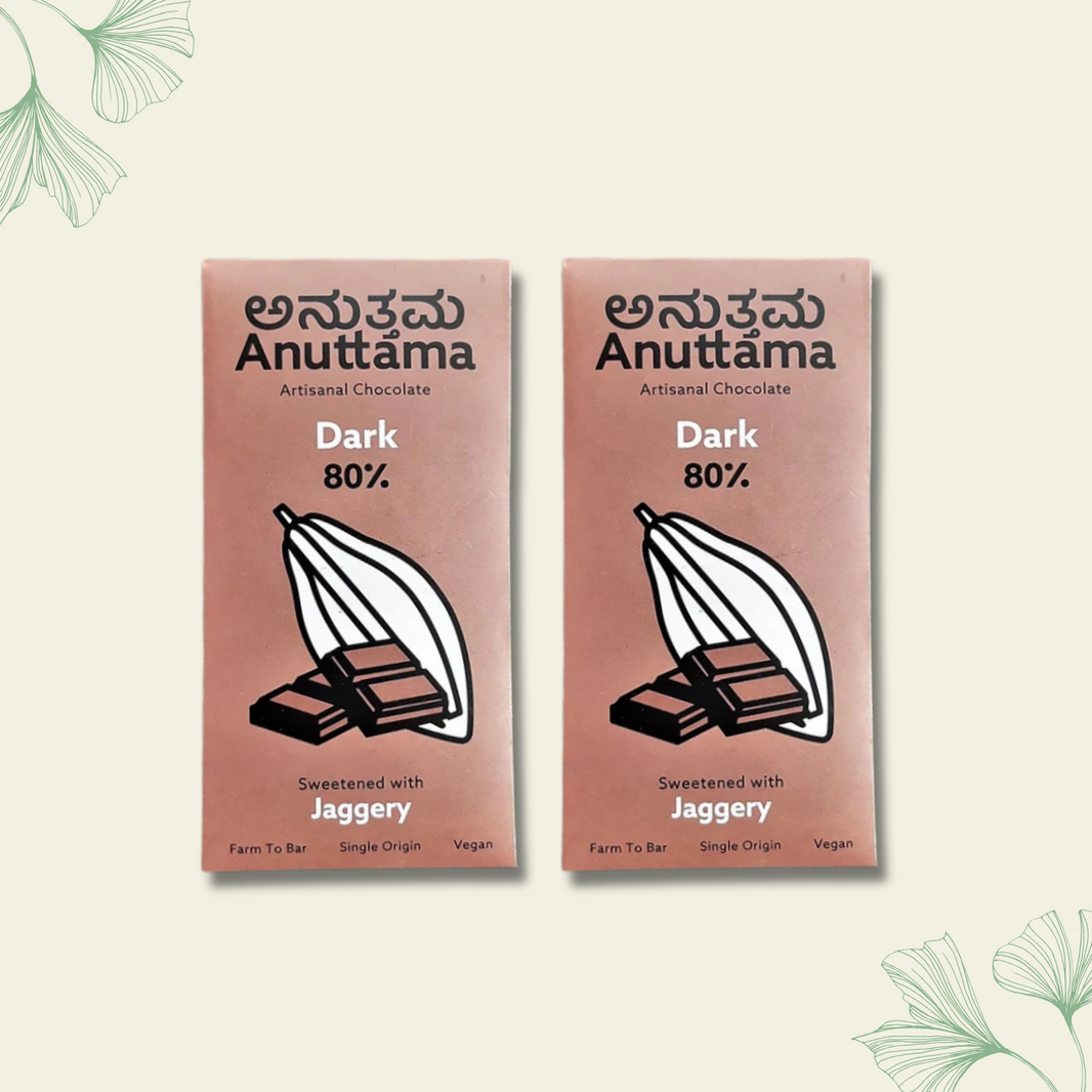 Dark Chocolate Bar | 80% Cocoa | Natural Jaggery Sweetened | Handmade Chocolate | Dark Chocolate Sugar Free | No Artificial Flavours and Colors | Natural Chocolate Bar | Pack of 2 by Anuttama