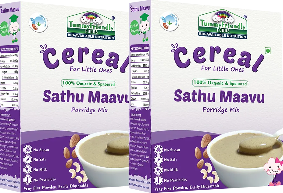 TummyFriendly Foods Certified 100% Organic Sprouted Sathu Maavu Porridge Mix ,Made of Sprouted Ragi, Whole Grains, Pulses & Nuts , Rich in Protein & healthy-Fat For Baby Weight Gain, 200g Each, 2Packs Cereal (400 g, Pack of 2)