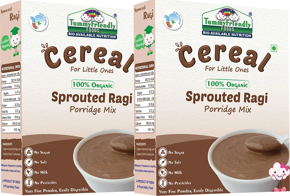 TummyFriendly Foods Certified Organic Sprouted Ragi Porridge Mix , Made of Organic Sprouted Ragi for Baby, Rich in Calcium, Iron, Fibre & Micro-Nutrients ,200g Each, 2 Packs Cereal (400 g, Pack of 2, 6+ Months)