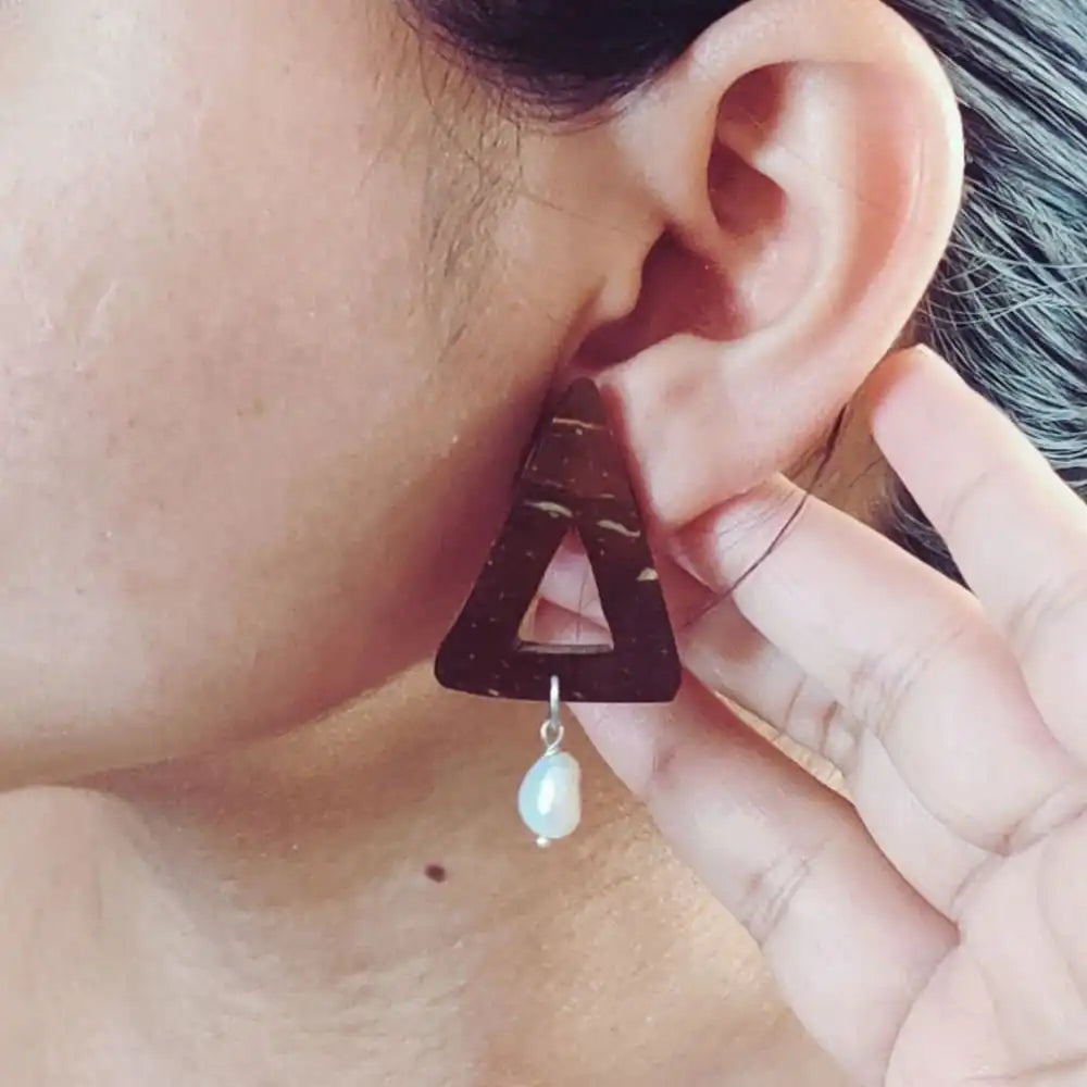 Pearl & Triangle Coconut Shell Earrings (Silver Hook)