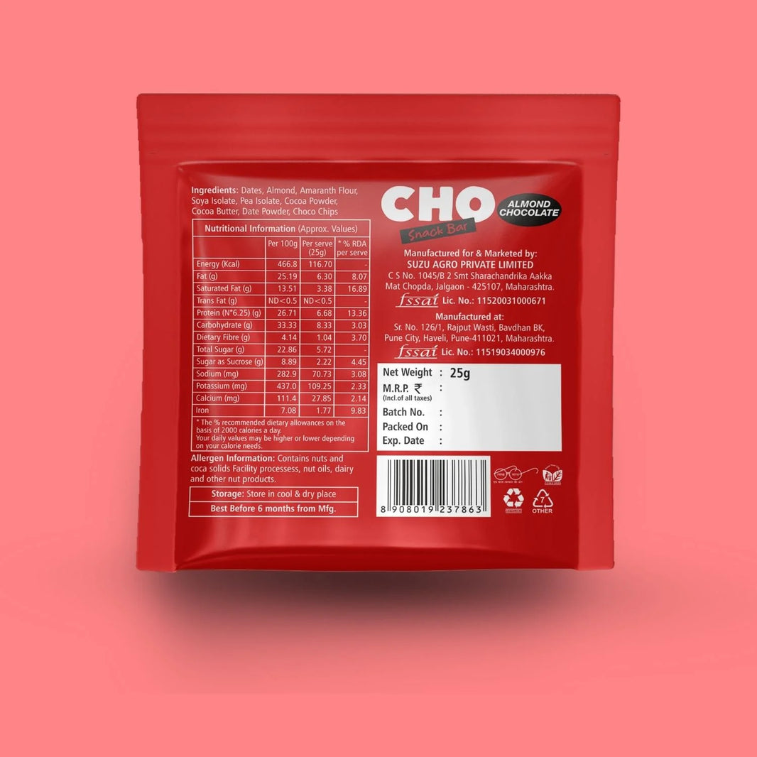 Aaj Pakao - CHO Almond Chocolate Protein Snack Bars | Pack of 6 | Daily Nutrition & Sustained Energy Bars | All Natural, No Added Sugar, No Preservatives | 150g Vegan product