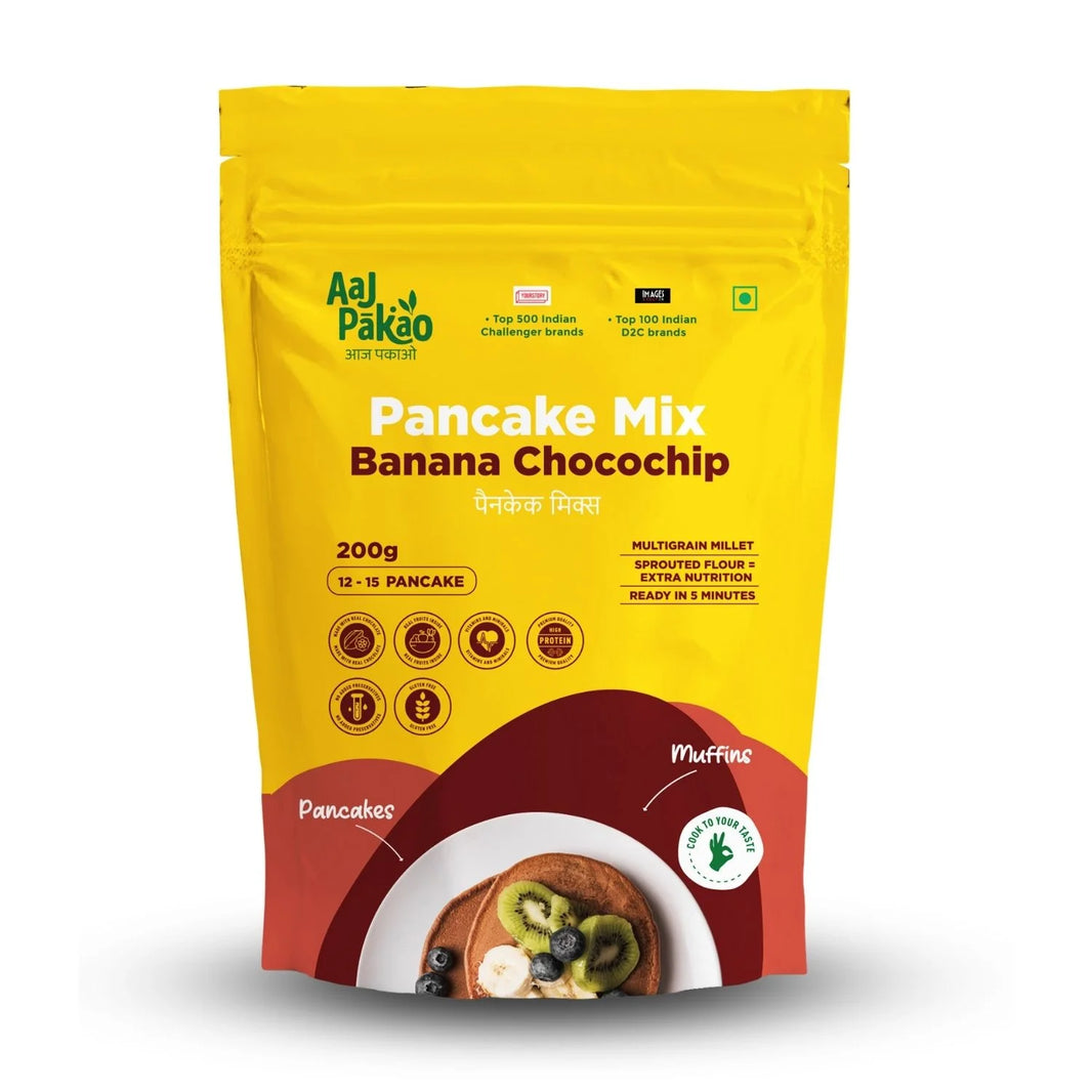 Aaj Pakao - Banana Chocochip Pancake Instant Mix | 200gms | Nutritious & Delicious | Sprouted Millets, Real Fruits & Chocolate | Eggless | No Preservatives | 1 Pack