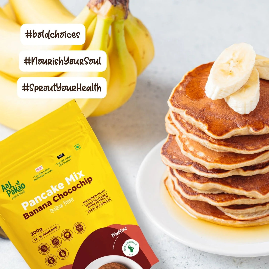 Aaj Pakao - Banana Chocochip Pancake Instant Mix | 200gms | Nutritious & Delicious | Sprouted Millets, Real Fruits & Chocolate | Eggless | No Preservatives | 1 Pack