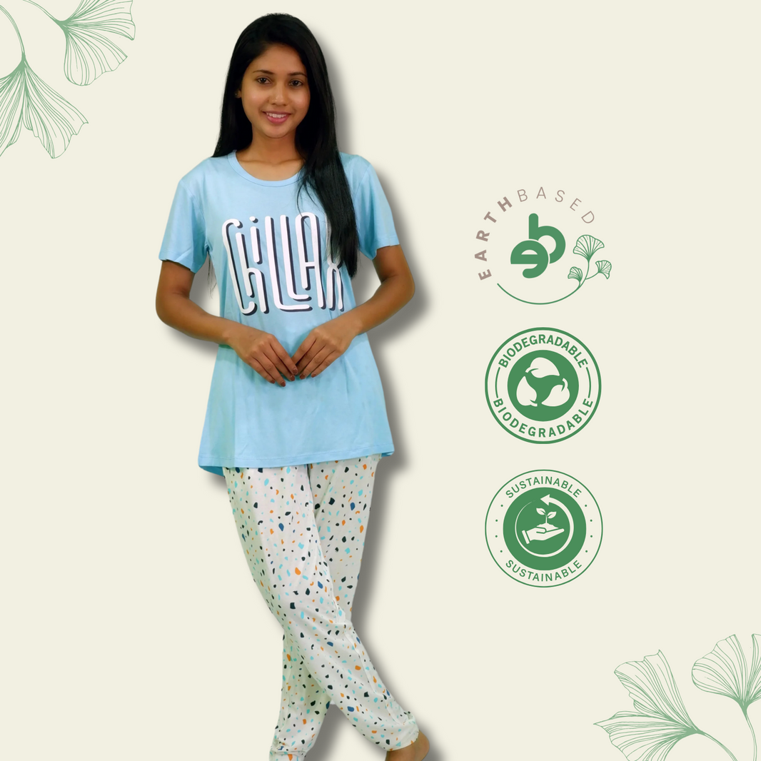 Chillax Print Air Blue T-shirt & Tofu Pant Night Dress | Playout