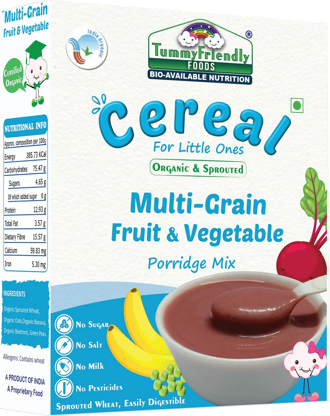 TummyFriendly Foods Certified Organic Sprouted Multi Grain Fruit Vegetable (Sprouted Wheat, Oats, Banana, Beetroot, Green Peas) Porridge Mix | Organic Baby Food For 8 Months Old | Made of Sprouted Whole Wheat | 200g Cereal (200 g, 8+ Months)