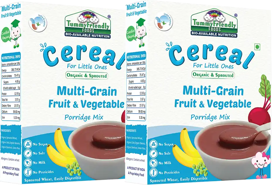 TummyFriendly Foods Certified Organic Sprouted Multi Grain Fruit Vegetable Porridge Mix (Sprouted Wheat, Oats, Banana, Beetroot, Green Peas), Organic Baby Food For 8 Months Old , Made of Sprouted Whole Wheat , 200g Each, 2Packs Cereal (400 g, Pack of 2)