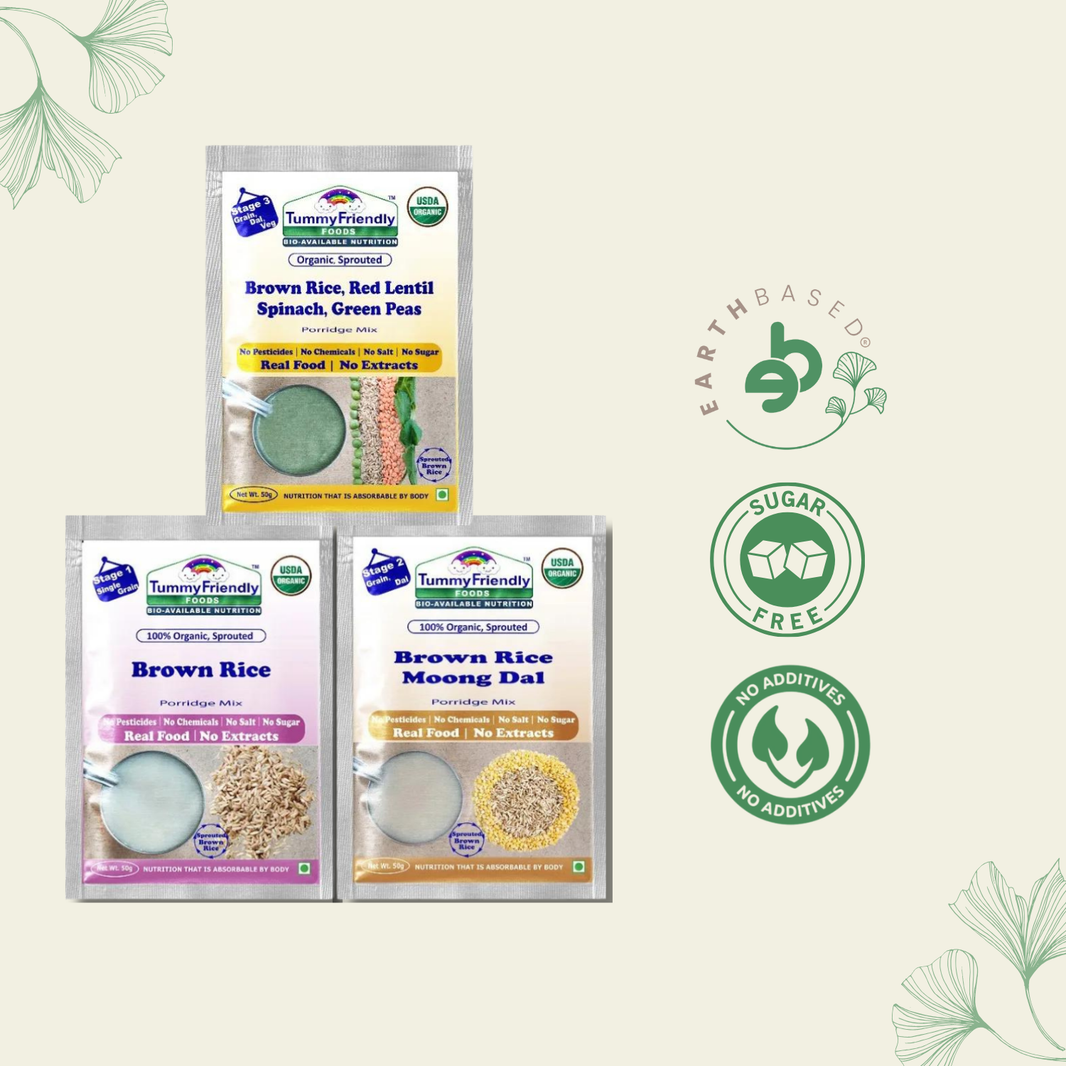 TummyFriendly Foods Certified Brown Rice Porridge Mixes - Stage1, Stage2, Stage3 | Rich in Gamma-Aminobutyric Acid (GABA), Protein |3 Packs, 50g Each Cereal (150 g, Pack of 3)