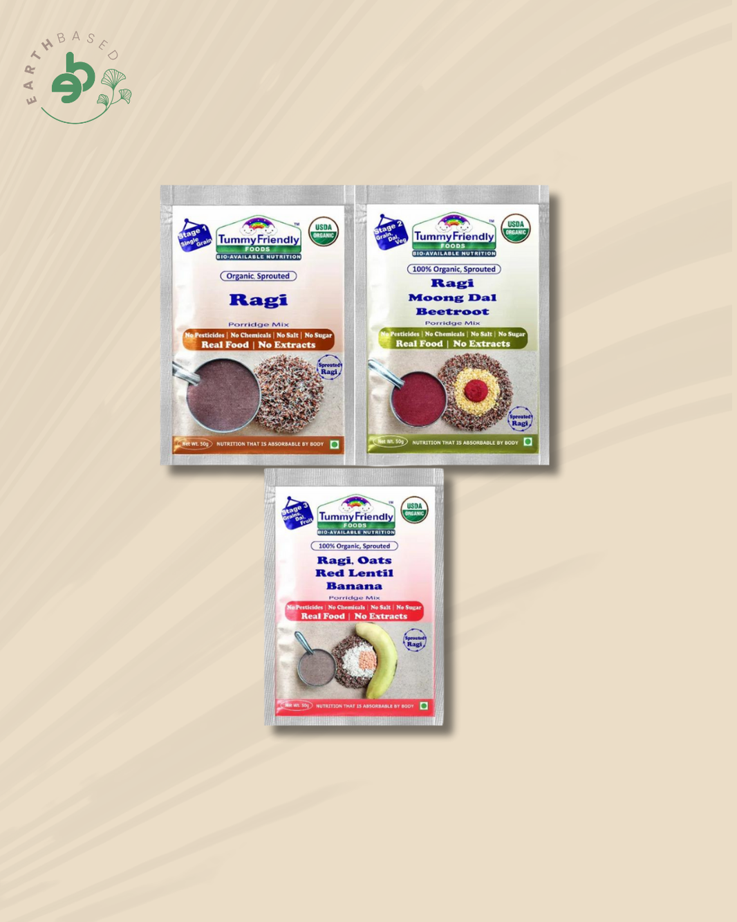 TummyFriendly Foods Certified Ragi Porridge Mixes - Stage1, Stage2, Stage3 | Rich in Calcium, Iron, Fibre & Micro-Nutrients |3 Packs, 50g Each Cereal (150 g, Pack of 3)