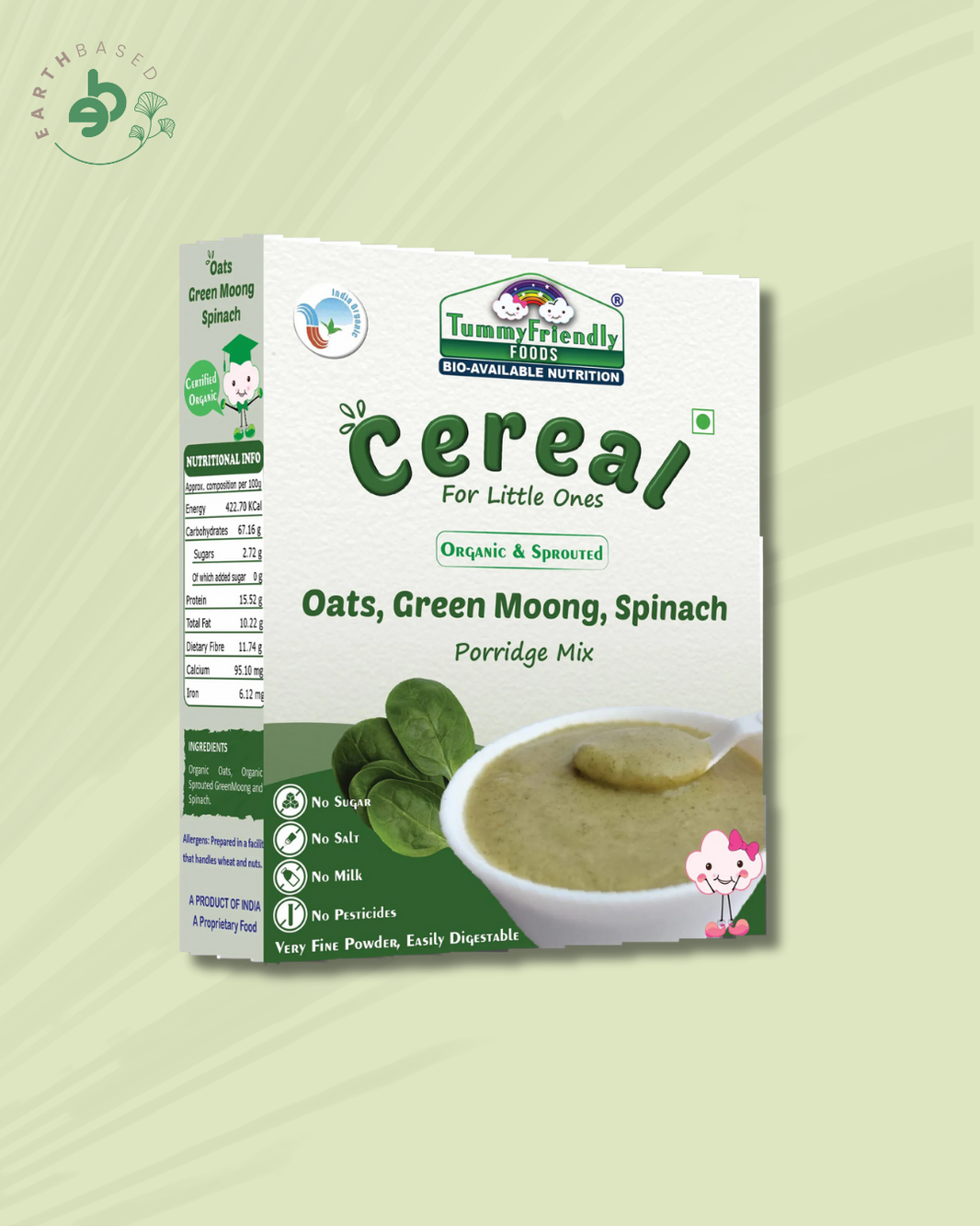 TummyFriendly Foods Certified Organic Oats, Green Moong, Spinach Porridge Mix | Organic Baby Food for 8 Months Old | Made of Sprouted Whole Green Moong | Rich in Iron, Protein & Micro-Nutrients | 200g Cereal (200 g)