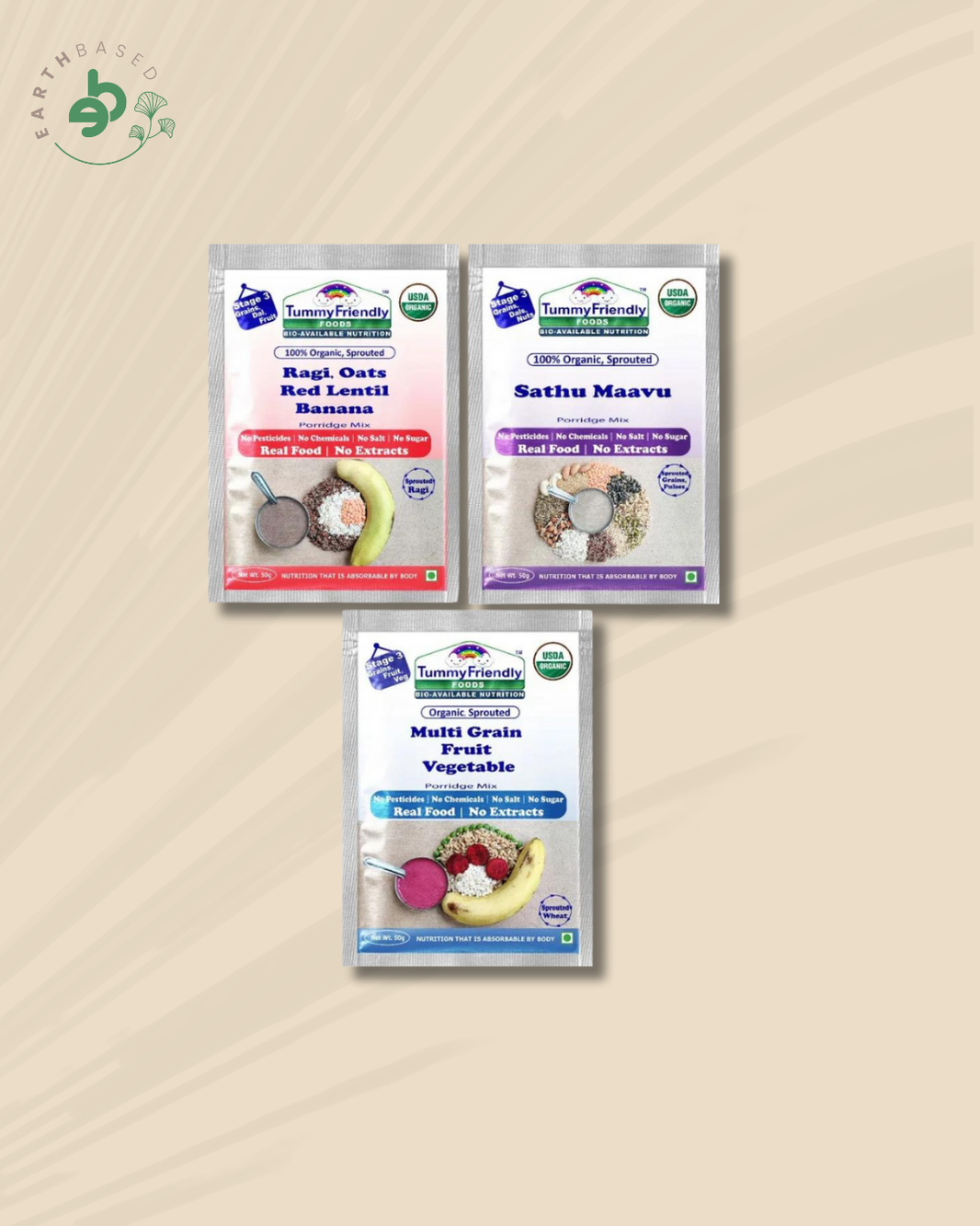 TummyFriendly Foods Certified Stage3 Porridge Mixes Trial Packs - Ragi, Sathu Maavu, MultiGrain | Organic Baby Food for 8 Months Old Baby |3 Packs, 50g Each Cereal (150 g, Pack of 3)