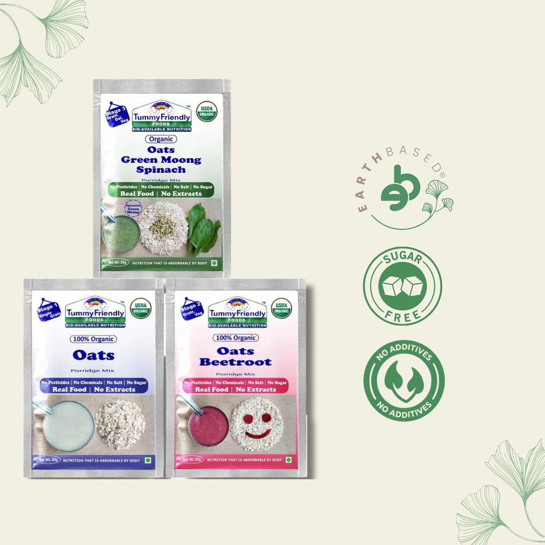 TummyFriendly Foods Certified Oats Porridge Mixes - Stage1, Stage2, Stage3 | Rich in Beta-Glucan, Protein & Fibre|3 Packs, 50g Each Cereal (150 g, Pack of 3)