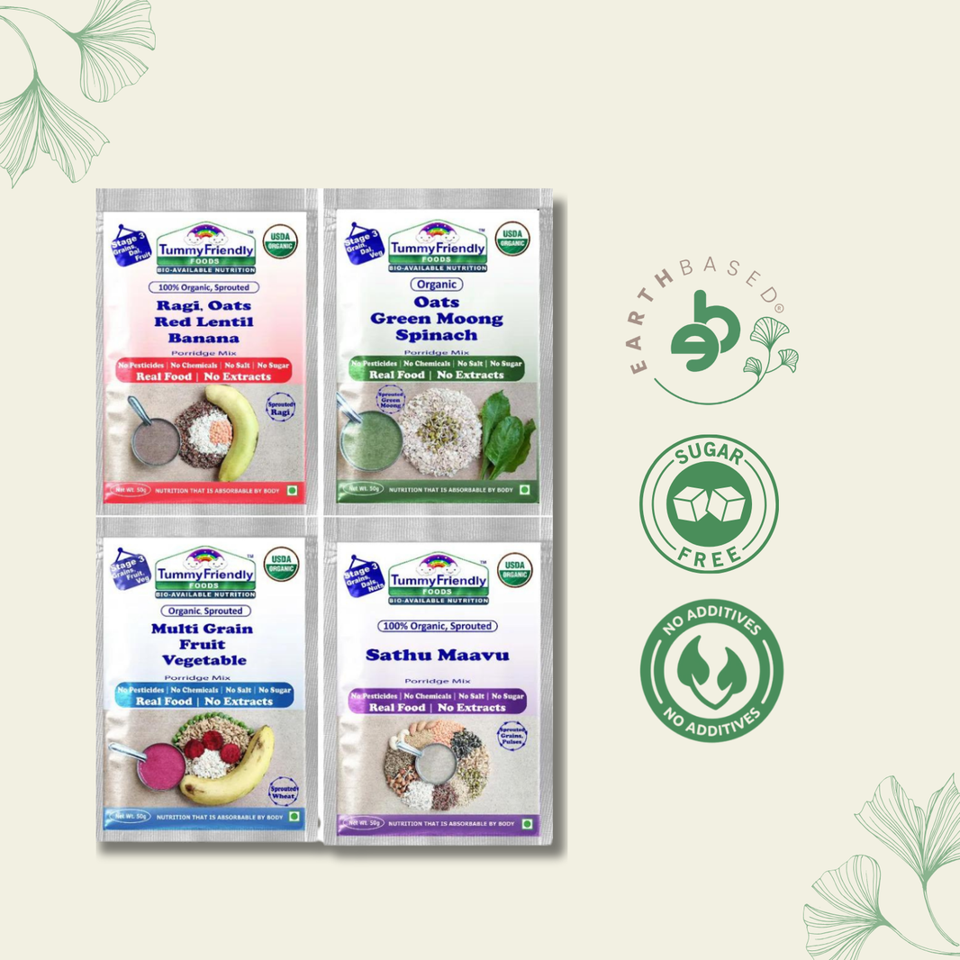 TummyFriendly Foods Certified Stage3 Porridge Mixes Trial Packs - Ragi, MultiGrain, Oats, Sathu Maavu | Organic Baby Food for 8 Months Old Baby |4 Packs, 50g Each Cereal (200 g, Pack of 4)