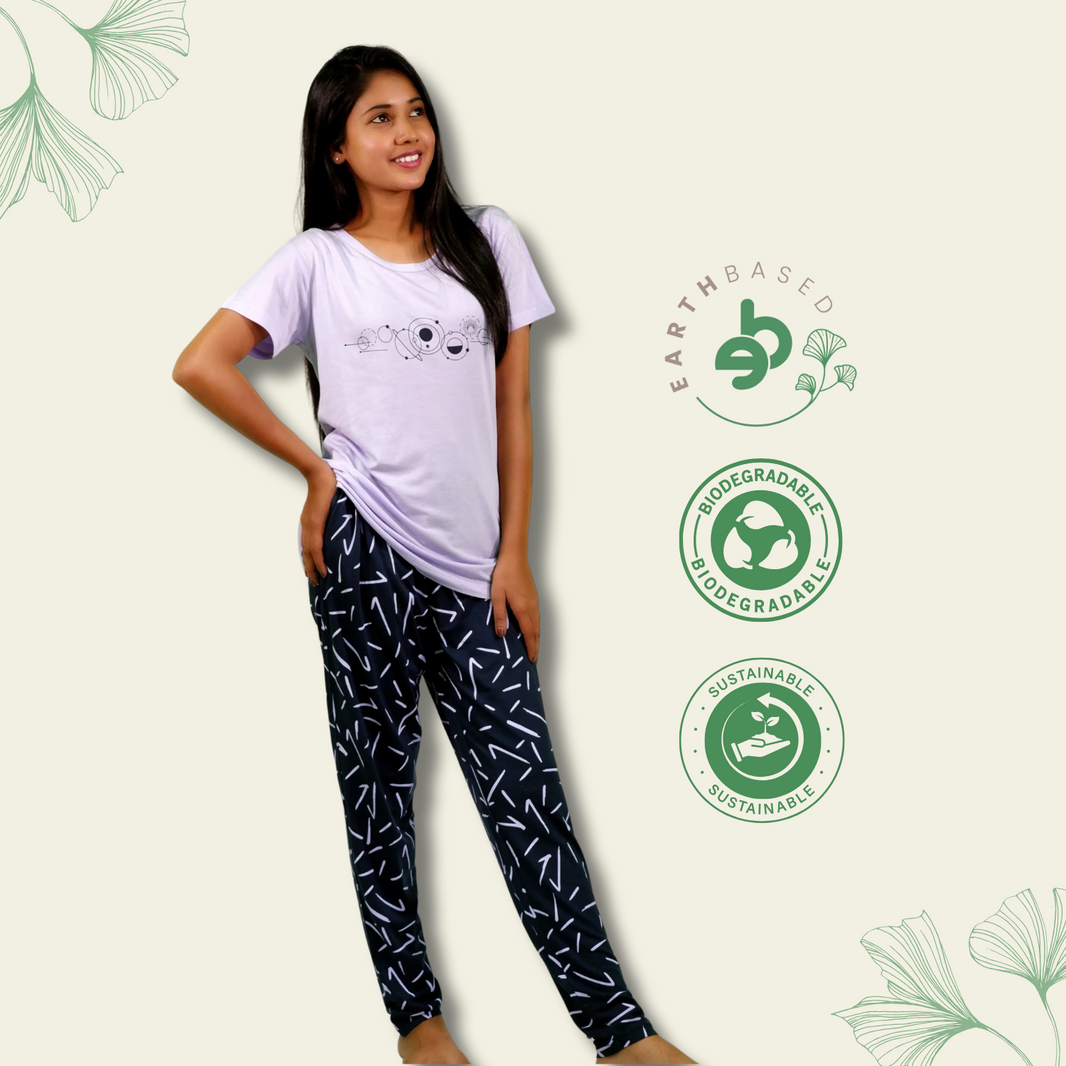 Planets Print Lilac T-shirt & Navy Pant Night Dress | Playout