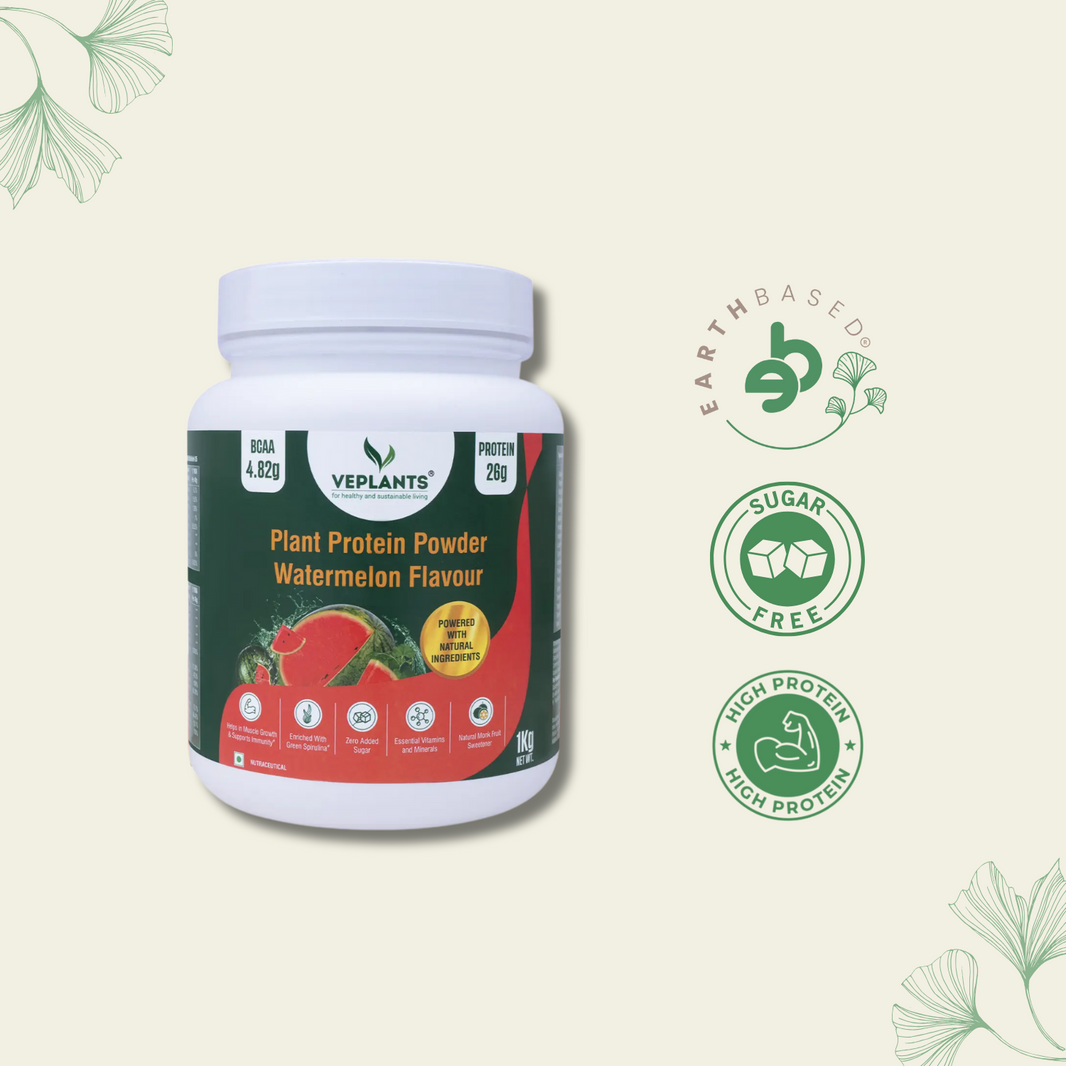 Vegan Protein Powder (1KG) (Watermelon)| Muscle Growth | 26g Pea & Brown Rice Isolate| Complete Amino Acid Profile| 4.82g BCAA| Monk Fruit Extract| Multivitamins, Minerals| No Added Sugar. | Veplants