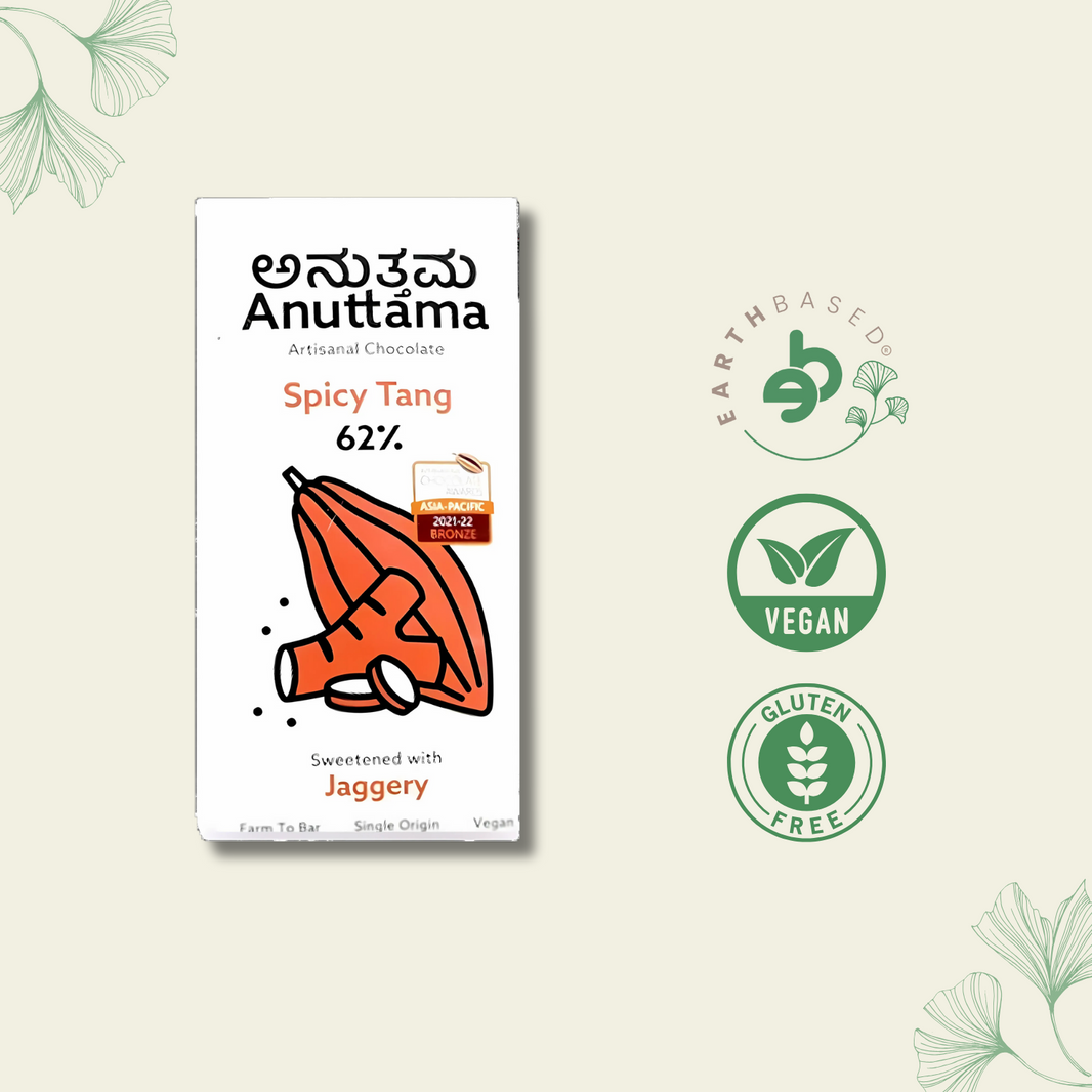 ANUTTAMA | Dark Chocolate 62% Cocoa | Spicy Tang Bar | Gluten Free | Natural Chocolate | Sugar Free | Jaggery Sweetened | Dried Ginger & Pepper | Handmade Chocolates Bar