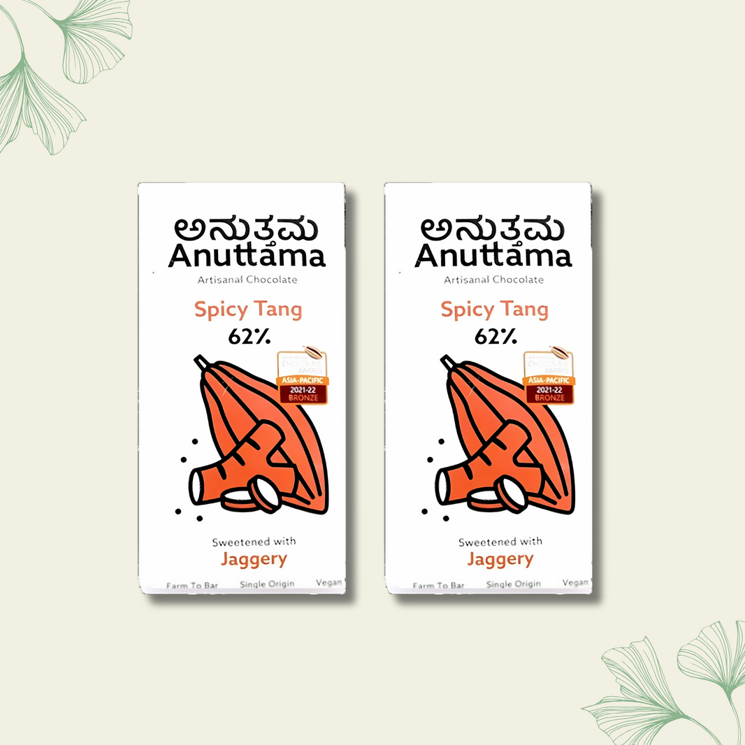 ANUTTAMA Dark Chocolate 62% Cocoa | Combo Pack of 2 | Spicy Tang Bar | Gluten Free | Natural Chocolate | Sugar Free | Jaggery Sweetened | Dried Ginger & Pepper | Handmade Chocolates Bar