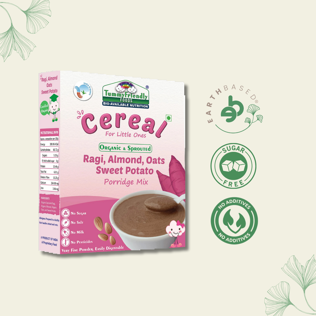 TummyFriendly Foods Certified Organic Sprouted Ragi, Almond, Oats, Sweet Potato Porridge Mix | Made of Sprouted Whole Grain Ragi | Rich in Calcium, Iron, Healthy-Fat, Fibre & Micro-Nutrients |200g Cereal (200 g)