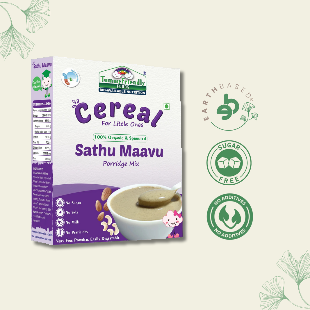 TummyFriendly Foods Certified Organic Sprouted Sathu Maavu Porridge Mix |Made of Sprouted Ragi, Whole Grains, Pulses & Nuts | Rich in Protein & healthy-Fat For Baby Weight Gain| 200g Cereal