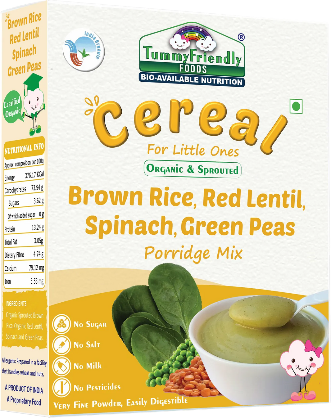 TummyFriendly Foods Certified Organic Sprouted Brown Rice, Red Lentil, Spinach, Green Peas Porridge Mix | Excellent Weight Gain Baby Food| Made of Sprouted Brown Rice | 200g Cereal (200 g)