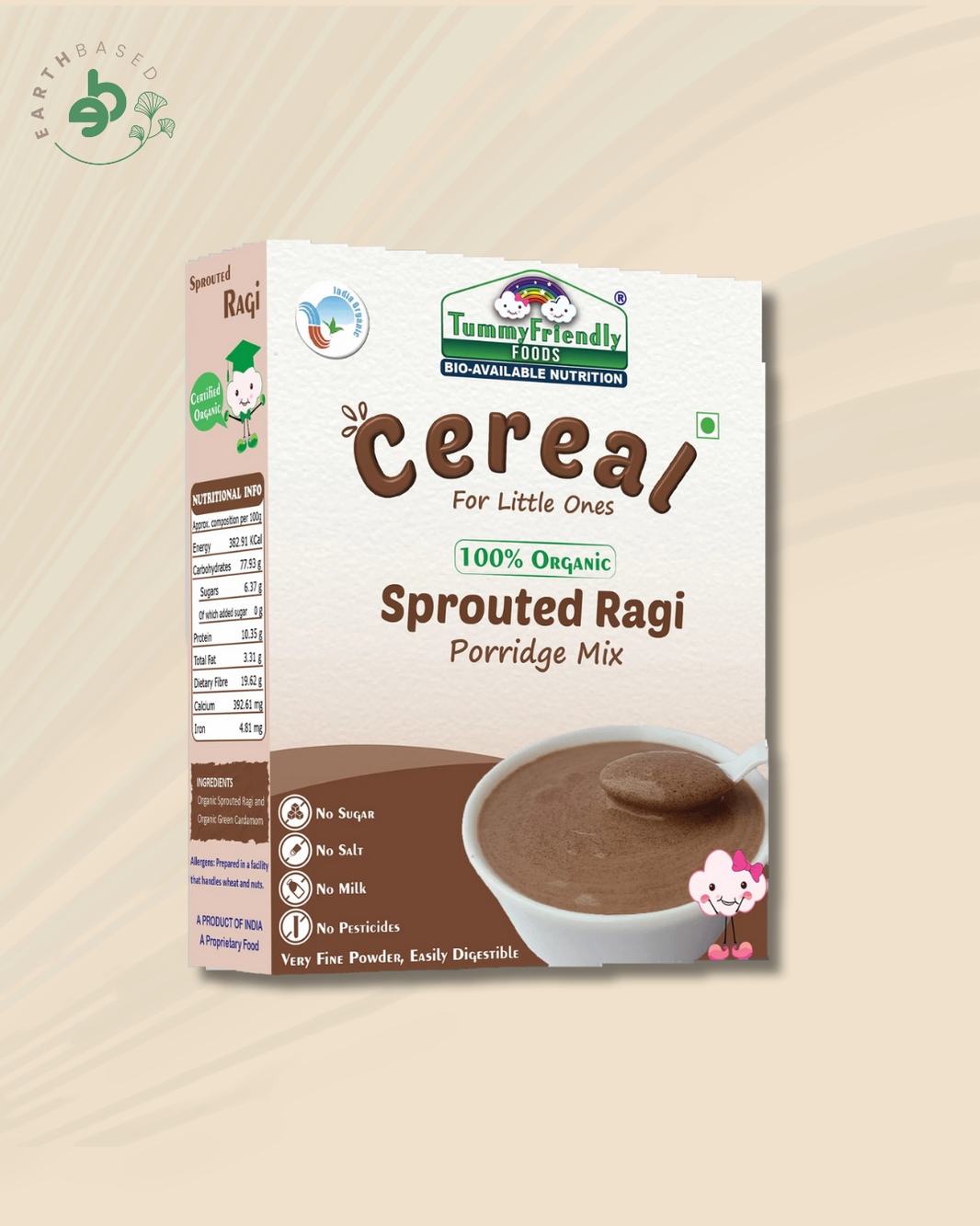 TummyFriendly Foods Certified Organic Sprouted Ragi Porridge Mix , Made of Organic Sprouted Ragi for Baby, Rich in Calcium, Iron, Fibre & Micro-Nutrients ,200g Each, 2 Packs Cereal (400 g, Pack of 2, 6+ Months)