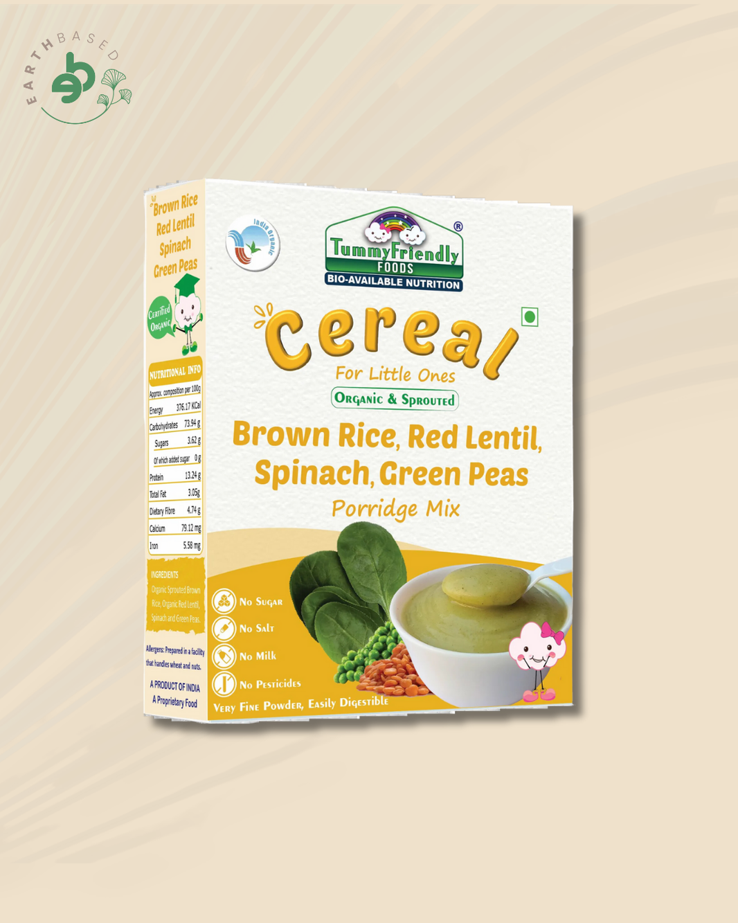 TummyFriendly Foods Certified Organic Sprouted Brown Rice, Red Lentil, Spinach, Green Peas Porridge Mix | Excellent Weight Gain Baby Food| Made of Sprouted Brown Rice | 200g Cereal (200 g)