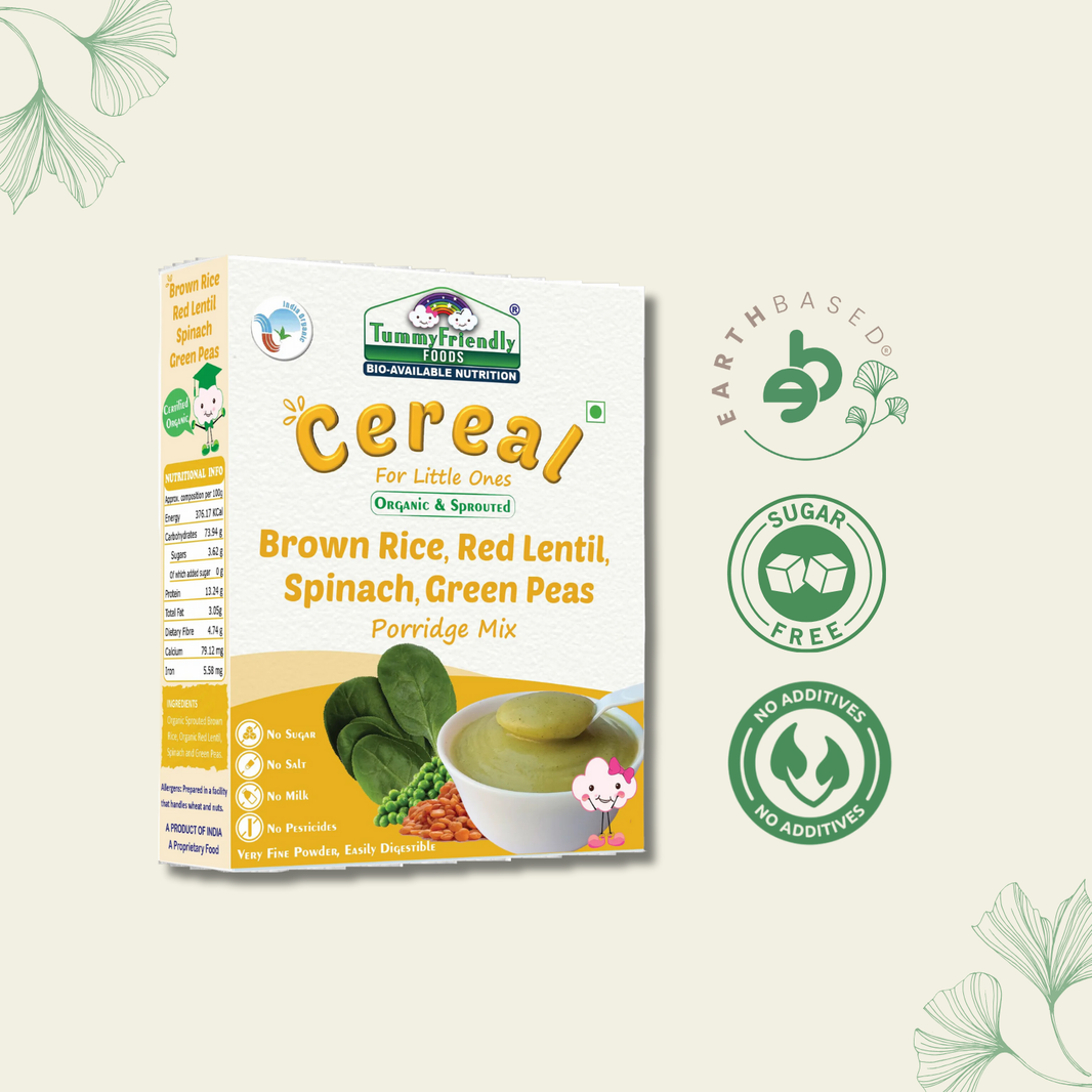 TummyFriendly Foods Certified Organic Sprouted Brown Rice, Red Lentil, Spinach, Green Peas Porridge Mix | Excellent Weight Gain Baby Food| Made of Sprouted Brown Rice | 200g Cereal (200 g)