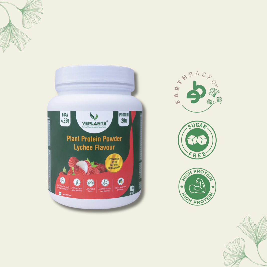 Vegan Protein Powder- 26g Pea & Brown rice Isolate, Complete Amino Acid profile, 4.82 BCAA, Monk Fruit Extract, Multivitamins and Minerals for everyday fitness & immunity, No added sugar, (Lychee, 1Kg) | Veplants .