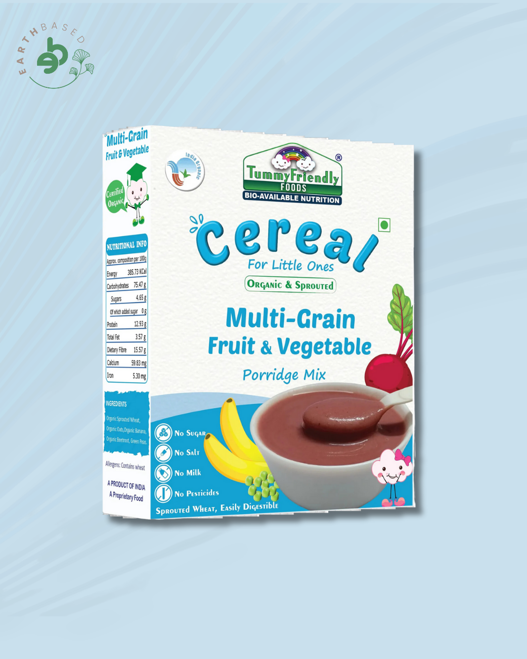 TummyFriendly Foods Certified Organic Sprouted Multi Grain Fruit Vegetable (Sprouted Wheat, Oats, Banana, Beetroot, Green Peas) Porridge Mix | Organic Baby Food For 8 Months Old | Made of Sprouted Whole Wheat | 200g Cereal (200 g, 8+ Months)