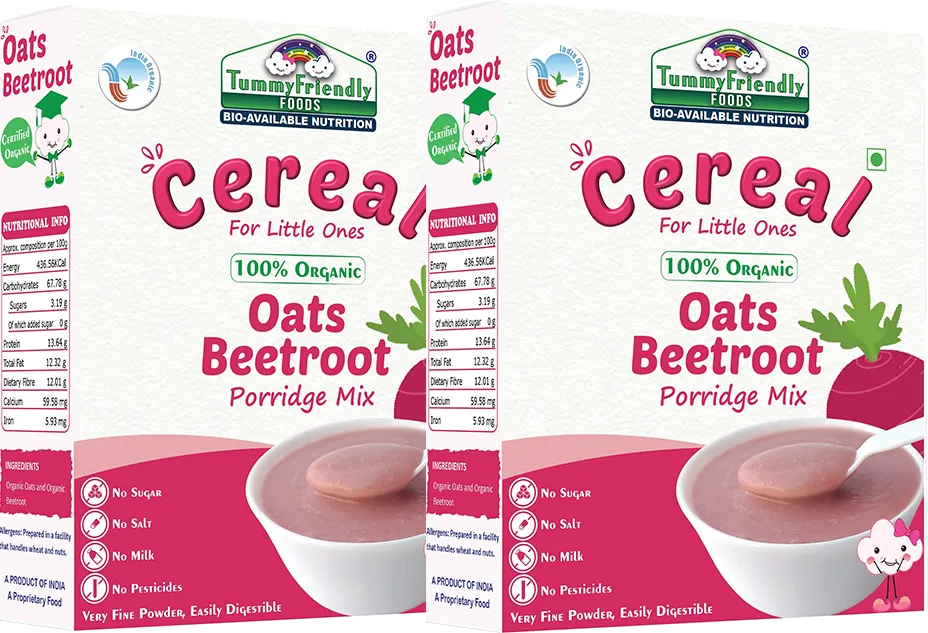 TummyFriendly Foods Certified 100% Organic Oats, Beetroot Porridge Mix , Organic Baby Food for 6 Months Old , Rich in Beta-Glucan, Protein & Fibre, 200g Each, 2 Packs Cereal (400 g, Pack of 2)