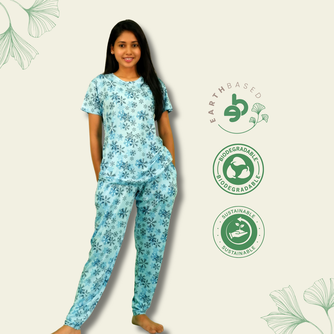 Snowflake Print T-shirt & Pant Night Dress in Air Blue | Playout