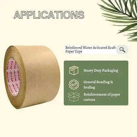 Ecosattva Water Activated Kraft Paper Tape | Brown Scrim Reinforced | 48 mm x 50 meters x 6 Rolls, Provides Tamer Proof Application