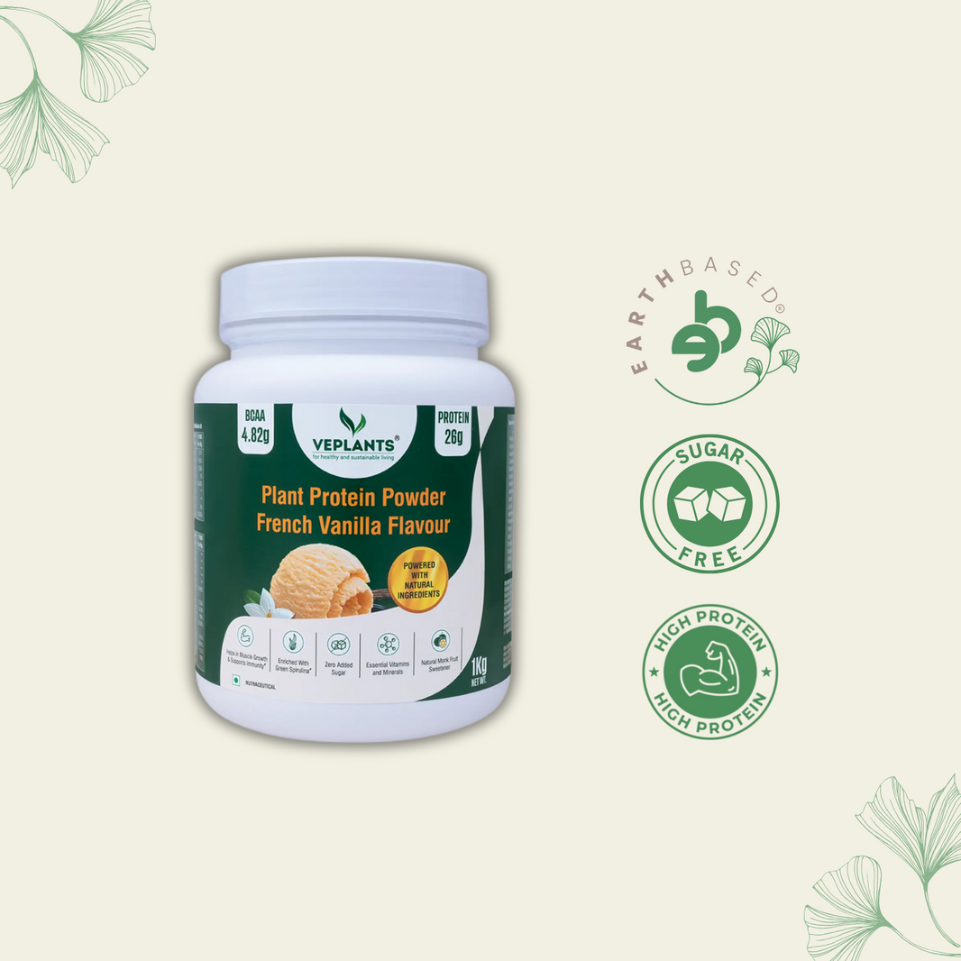 Vegan Protein Powder- 26g Pea & Brown rice Isolate, Complete Amino Acid profile, 4.82 BCAA, Monk Fruit Extract, Multivitamins and Minerals for everyday fitness & immunity, No added sugar, (Vanilla, 1Kg) | Veplants