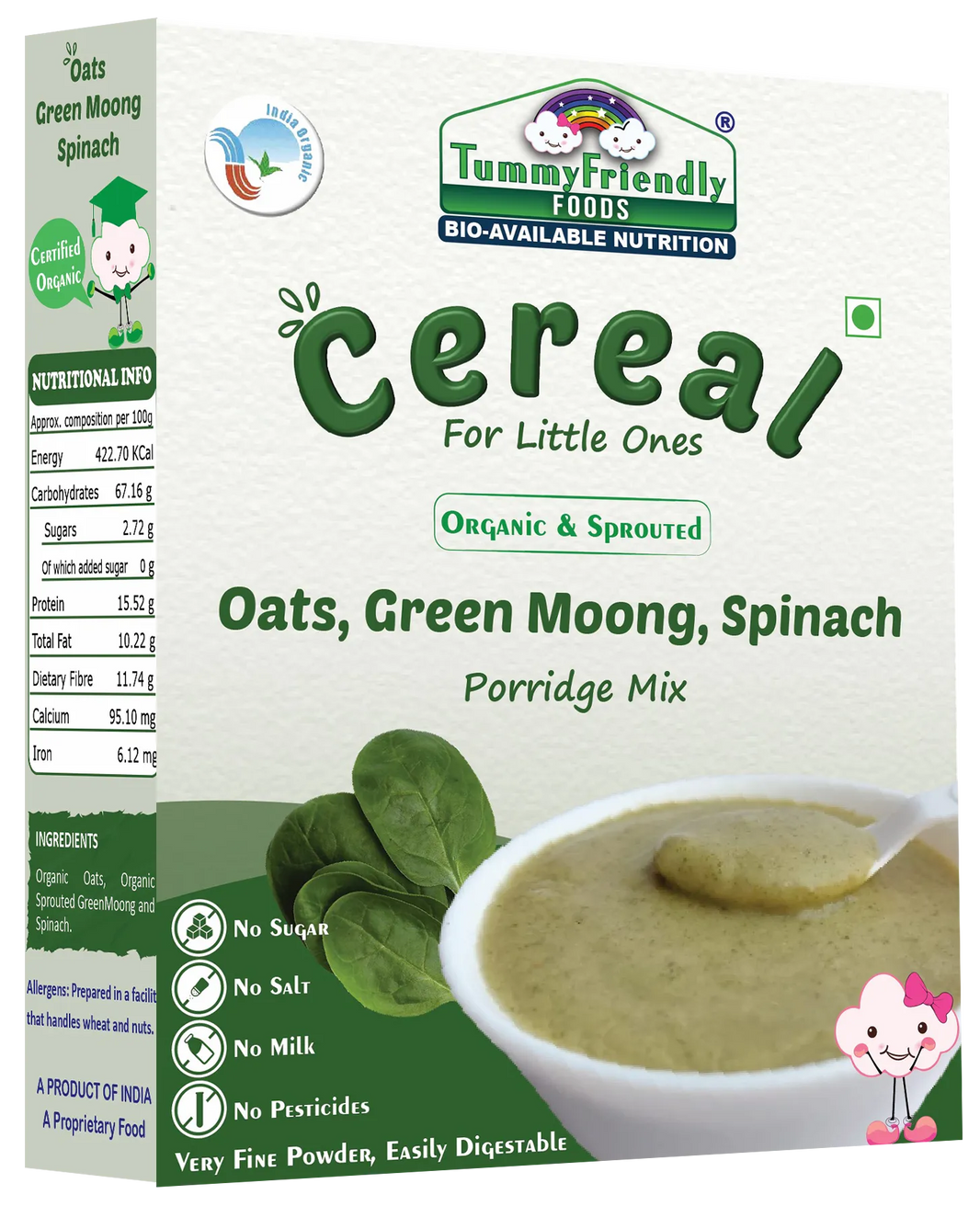 TummyFriendly Foods Certified Organic Oats, Green Moong, Spinach Porridge Mix | Organic Baby Food for 8 Months Old | Made of Sprouted Whole Green Moong | Rich in Iron, Protein & Micro-Nutrients | 200g Cereal (200 g)