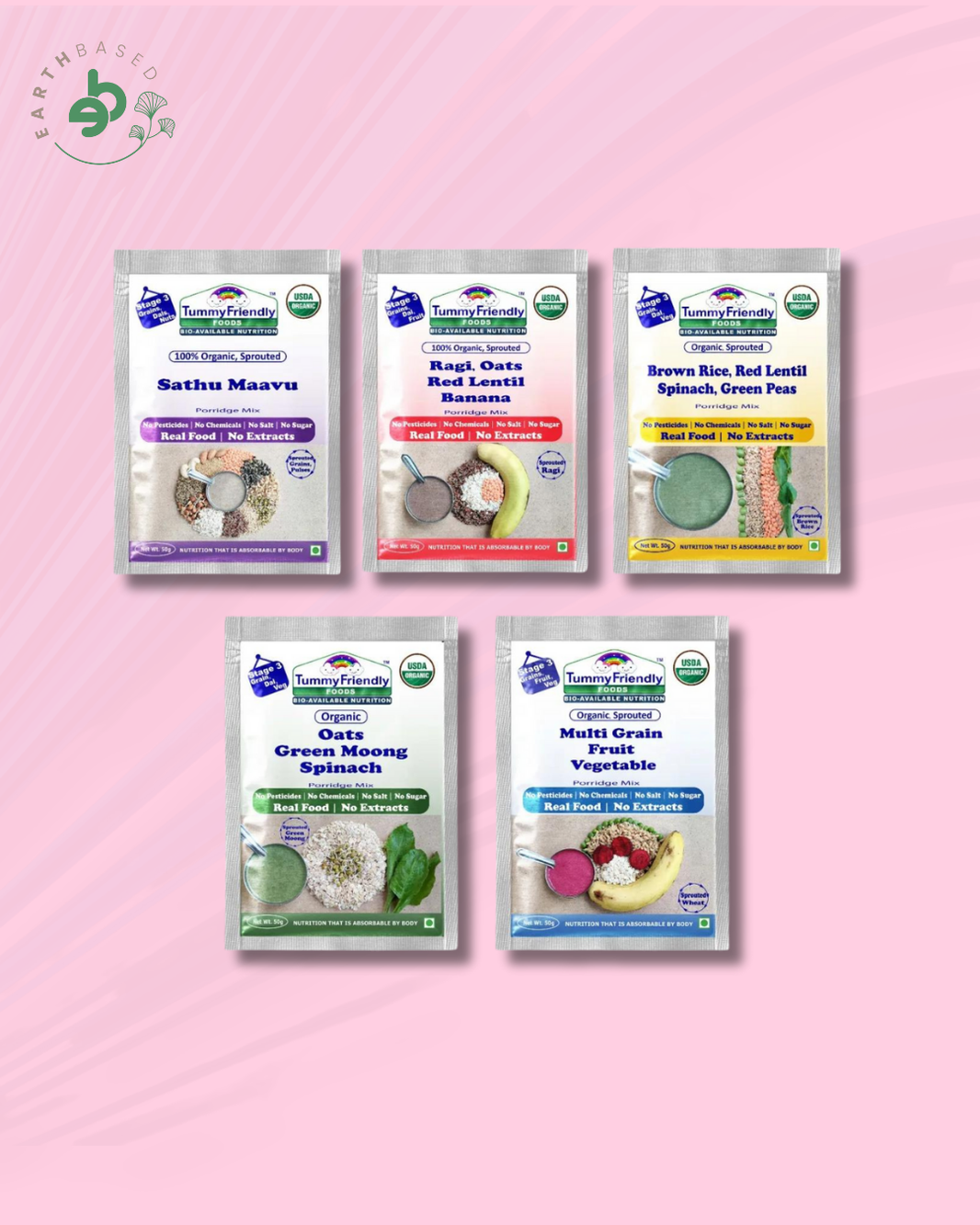 TummyFriendly Foods Certified Organic Stage3 Sprouted Porridge Mixes Trial Packs | Organic Baby Food for 8 Months Old | Sprouted Ragi, Brown Rice, Oats, Sathu Maavu, Pulses, Vegetables & Fruit | 50g Each, 5 Packs Cereal (250 g, Pack of 5, 8+ Months)