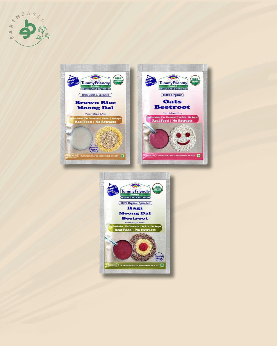 TummyFriendly Foods Certified Organic Stage2 Sprouted Porridge Mixes Trial Packs | Organic Baby Food for 6 Months Old | Sprouted Ragi, Sprouted Brown Rice, Oats, Dal & Vegetable | 50g Each, Cereal (150 g, Pack of 3)