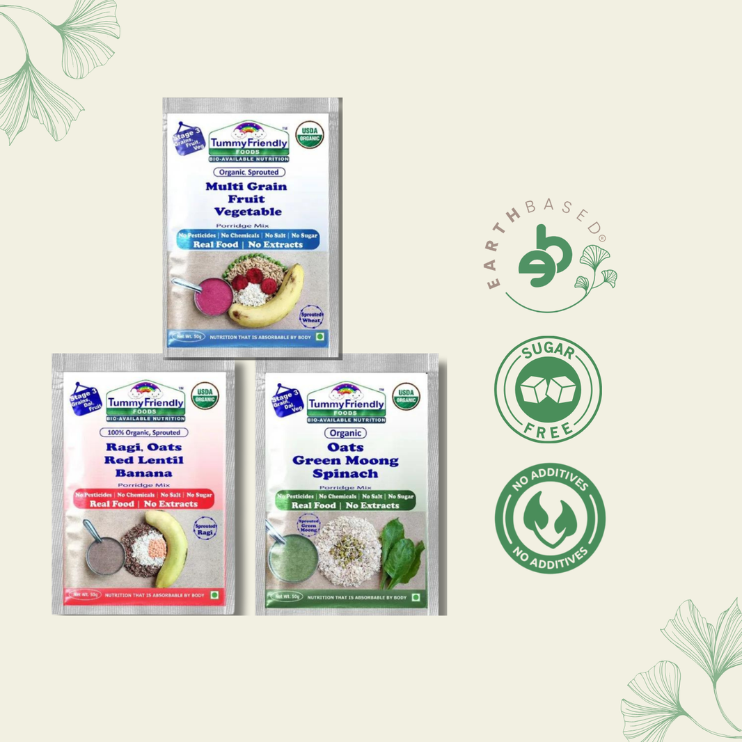 TummyFriendly Foods Certified Stage3 Porridge Mixes Trial Packs - Ragi, Oats, MultiGrain |Organic Baby Food for 8 Months Old Baby |3 Packs, 50g Each Cereal (150 g, Pack of 3)