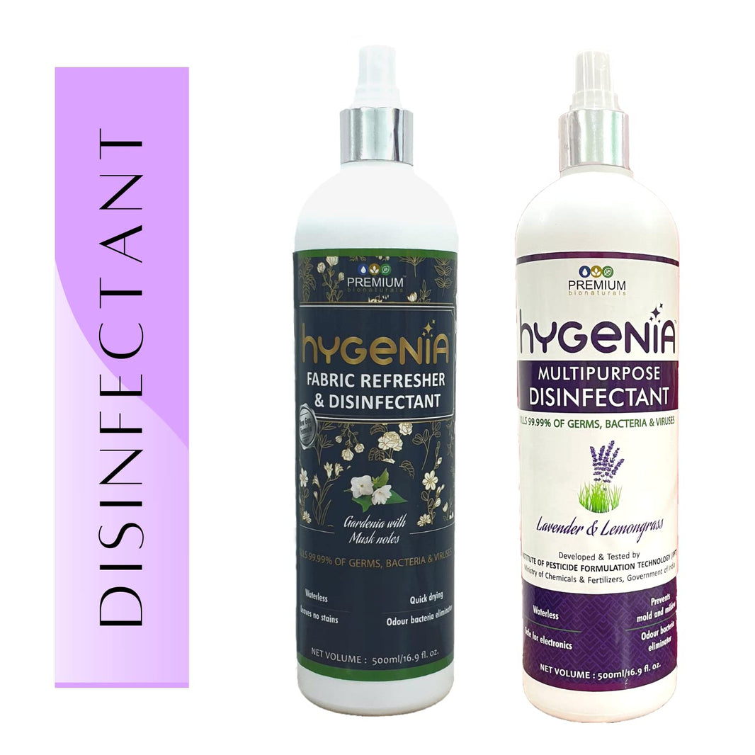 Hygenia Fabric Refresher Disinfectant & Multipurpose Disinfectant Combo - Gardenia & Musk | Lavender & Lemongrass 500ml