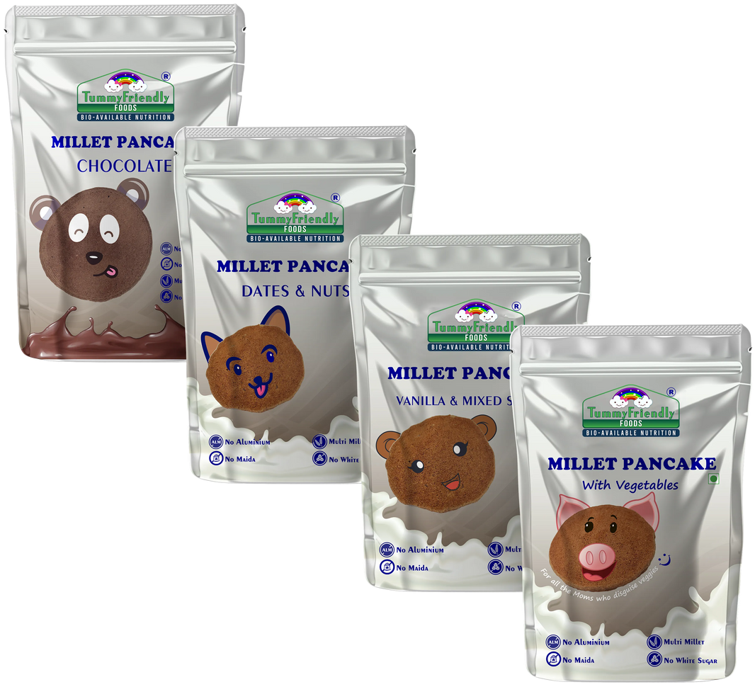 TummyFriendly Foods Aluminium-Free Millet Pancake Mixes Trial Packs with Chocolate, Nuts, Veggies 150 g (Pack of 4)