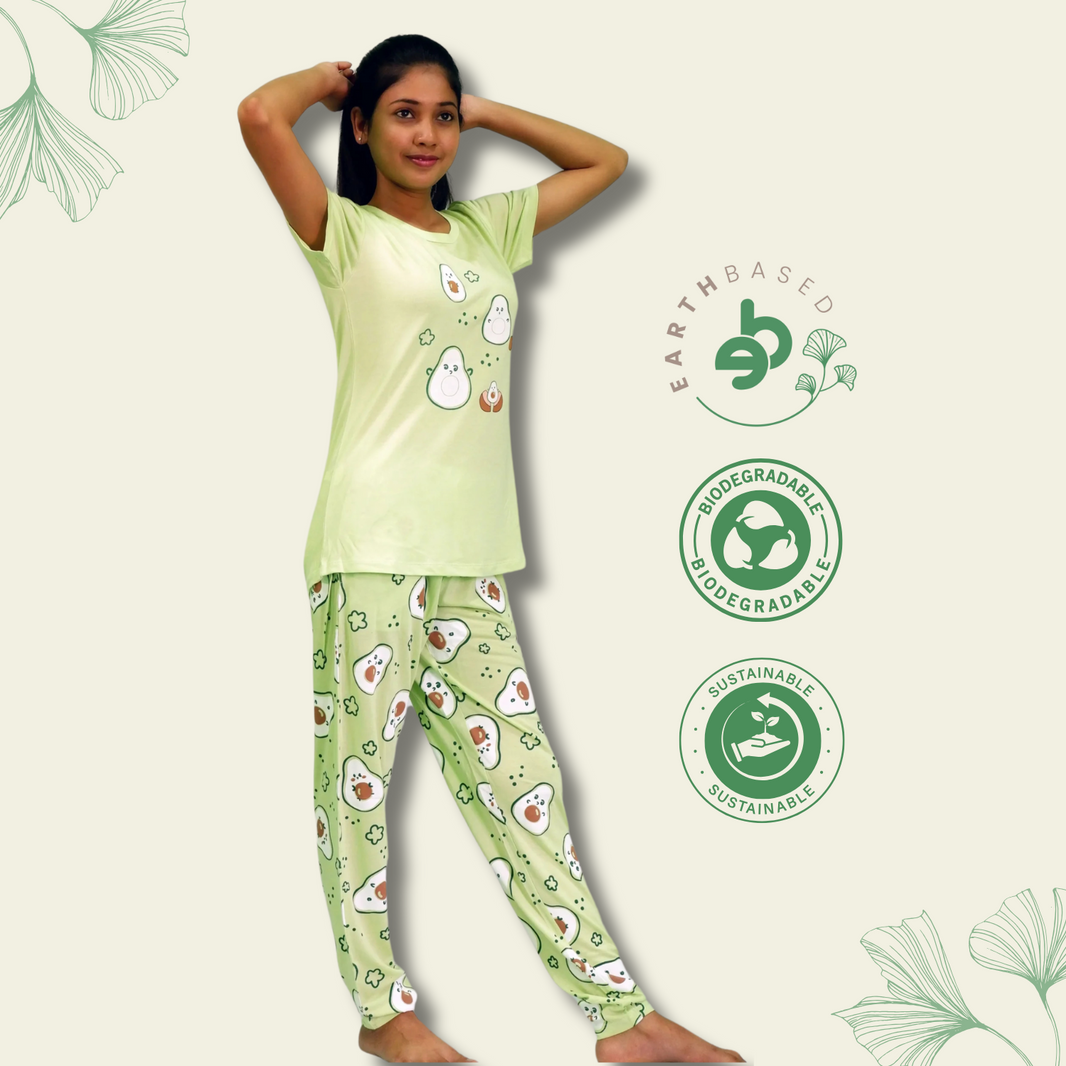 Avocado Print T-shirt & Pant Night Dress in Lettuce Green | Playout