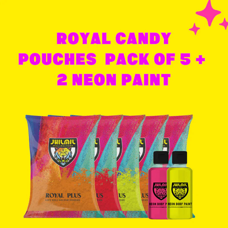 Royal Candy pouches 80 gms Pack of 5 + 2 Neon Paint (100GM Each)