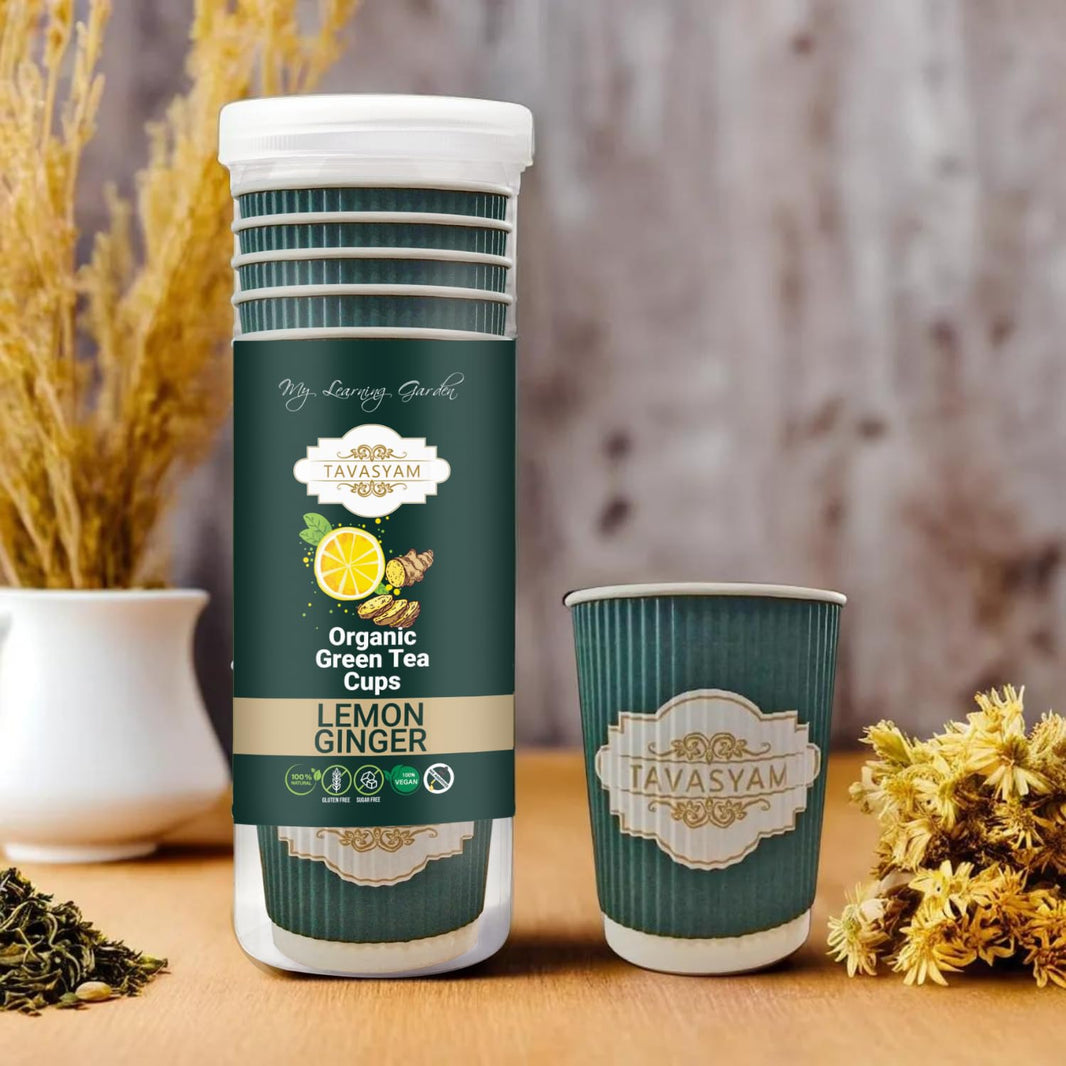 TAVASYAM Ready to Sip Lemon Ginger Green Tea Cup | Green Tea for Weight Loss | Vegan, Gluten Free & Sugar Free | Lemon Ginger Green Tea | Pre-Filled Tea Cups 200ml | Tea Cups Set of 12