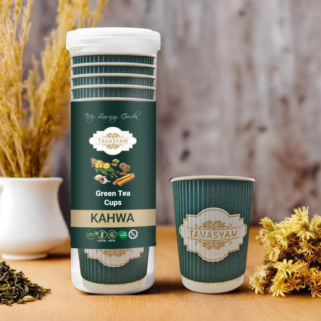 TAVASYAM Ready to Sip Kahwa Flavour Green Tea Cups | Green Tea for Weight Loss | Vegan, Gluten Free & Sugar Free | Kahwa Flavour | Pre-Filled Tea Cups 200ml | Pack of 12 Cups