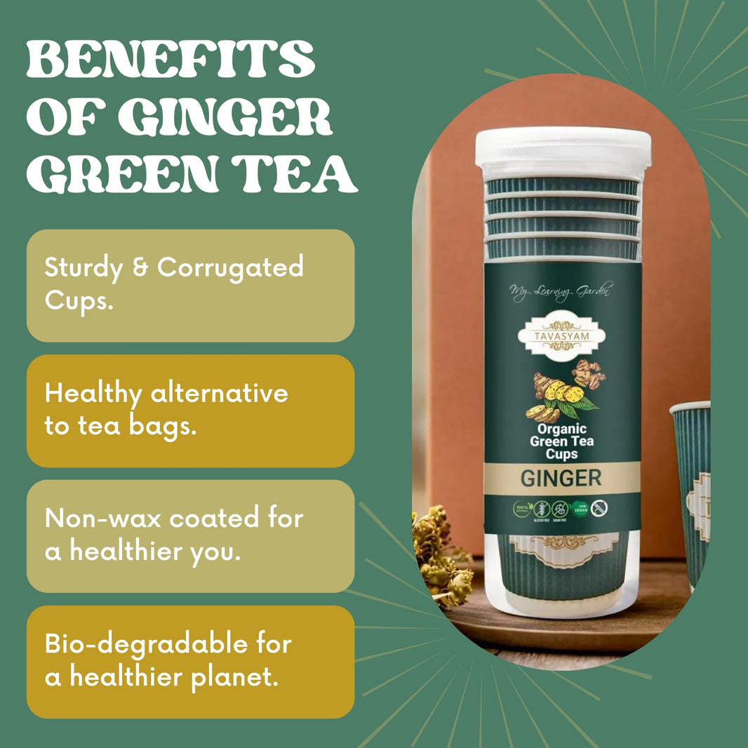 TAVASYAM Ready to Sip Ginger Flavour Green Tea Cup | Green Tea for Weight Loss | Vegan, Gluten Free & Sugar Free | Ginger Flavour | Pre-Filled Tea Cups 200ml | Tea Cups Set of 12