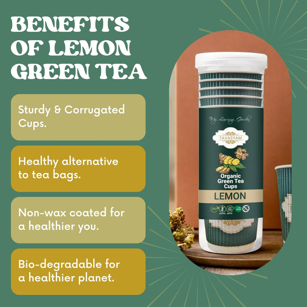 TAVASYAM Ready to Sip Lemon Flavour Green Tea Cup | Green Tea for Weight Loss | Vegan, Gluten Free & Sugar Free | Lemon Flavour | Whole Leaf Teas | Pre-Filled Tea Cups 200ml | Tea Cups Set of 12