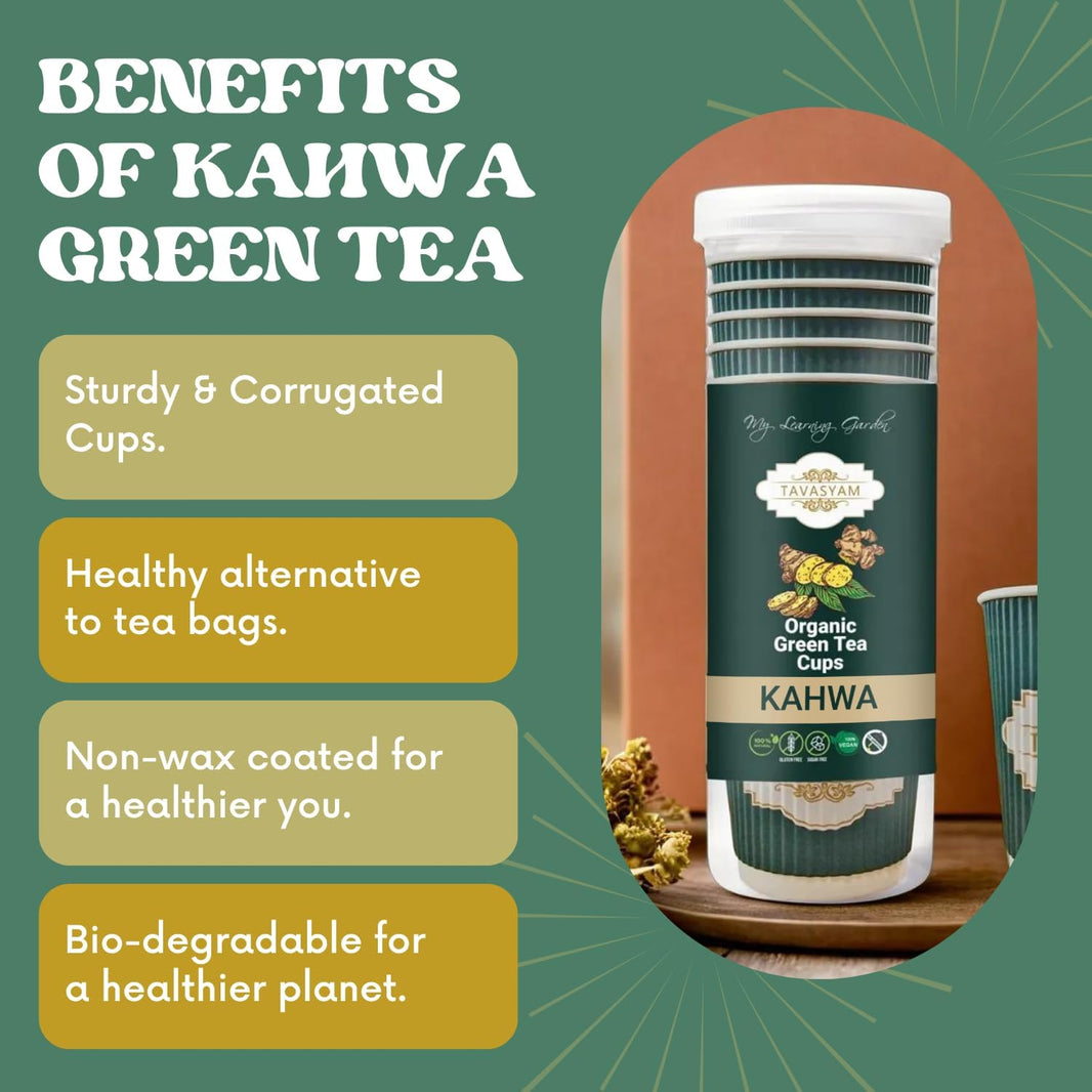 TAVASYAM Ready to Sip Kahwa Flavour Green Tea Cups | Green Tea for Weight Loss | Vegan, Gluten Free & Sugar Free | Kahwa Flavour | Pre-Filled Tea Cups 200ml | Pack of 12 Cups